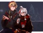  2boys bangs beanie black_jacket black_sweater blonde_hair blue_pants blurry blurry_background can canned_coffee character_request cup depth_of_field disposable_cup genshin_impact green_eyes grey_hair hair_between_eyes hat highres holding holding_can holding_cup jacket kaedehara_kazuha long_sleeves male_focus merry_christmas multicolored_hair multiple_boys open_clothes open_jacket pants parted_lips puffy_long_sleeves puffy_sleeves red_eyes red_hair red_headwear sketch smile streaked_hair sweater zxny 