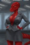  2:3 anthro bottomwear braless breasts claws cleavage clothed clothing digital_media_(artwork) female hi_res looking_at_viewer nihilophant orange_eyes red_body reptile scalie shaded simple_background skirt solo text topwear 