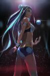  1girl aqua_hair armlet belly_chain bike_shorts black_hair blue_eyes breasts closed_mouth commentary_request dark-skinned_female dark_skin dive_ball dynamax_band earrings eyelashes from_side gloves hair_bun haska_(user_gure4787) highres hoop_earrings jewelry long_hair multicolored_hair nessa_(pokemon) partially_fingerless_gloves pokemon pokemon_(game) pokemon_swsh single_glove single_hair_bun smile solo two-tone_hair 