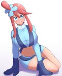  1girl absurdres blue_eyes blue_gloves blue_jacket blue_shorts breasts cropped_jacket curvy gloves hair_ornament highres jacket kiteman442 large_breasts midriff one_side_up plump pokemon pokemon_(game) pokemon_bw red_hair short_hair_with_long_locks short_shorts shorts sidelocks skyla_(pokemon) solo turtleneck 