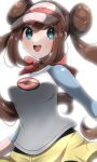  1girl :d absurdres aqua_eyes bangs black_legwear bow breasts brown_hair double_bun eyelashes hair_bun highres kurumiya_(krmy_p) legwear_under_shorts long_hair open_mouth pantyhose pink_bow pokemon pokemon_(game) pokemon_bw2 raglan_sleeves rosa_(pokemon) shirt short_shorts shorts smile solo teeth tongue twintails upper_teeth visor_cap yellow_shorts 