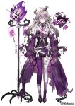  1girl absurdres arms_at_sides asymmetrical_legwear bandaged_arm bandaged_leg bandages bangs breasts chain closed_mouth company_name copyright creature detached_sleeves dress grey_hair hair_between_eyes highres iv_stand long_hair looking_at_viewer low_twintails medium_breasts nkshoujo official_art purple_eyes purple_thighhighs see-through see-through_sleeves simple_background single_thighhigh smile solo standing tanacita_tansy_hermis_chion thighhighs twintails virtual_youtuber wattaro white_background 