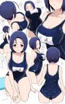  1girl absurdres ahoge bangs blue_swimsuit blush breasts cleavage collarbone cropped_legs dark_blue_hair forehead highres hitodama_(madatohi) idolmaster idolmaster_(classic) idolmaster_million_live! large_breasts looking_at_viewer miura_azusa multiple_views name_tag old_school_swimsuit one-piece_swimsuit parted_bangs red_eyes school_swimsuit short_hair shoulder_blades sweatdrop swimsuit thighs 