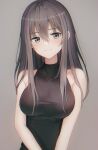  1girl 3: absurdres armpit_crease bangs bare_arms bare_shoulders black_dress blush breasts chromatic_aberration closed_mouth dress grey_background grey_eyes grey_hair hair_between_eyes hair_over_breasts hair_over_shoulder head_tilt highres large_breasts long_hair looking_to_the_side muyang original simple_background sleeveless sleeveless_dress solo taut_clothes taut_dress upper_body 