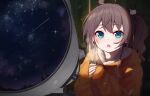  1girl ahoge aqua_eyes brown_hair cat_hair_ornament hair_ornament hololive hood hooded_jacket jacket natsuiro_matsuri night open_mouth ponytail reflection solo star_(sky) stargazing tagame_(tagamecat) telescope upper_body 