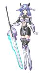  1girl absurdres armor armored_boots armored_leotard artery_gear artery_gear:_fusion bare_shoulders black_bodysuit black_gloves blue_eyes blue_hair bodysuit bodysuit_under_clothes boots breastplate breasts center_opening clothing_cutout covered_navel elbow_gloves full_body gloves hair_between_eyes hair_ornament highres holding holding_sword holding_weapon large_breasts leotard mecha_musume mechanical_ears navel nio_silen short_hair simple_background smile solo standing stomach_cutout sword thighhighs thighs weapon white_background yakkey 