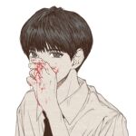  1boy bangs bleeding blood blood_on_face blood_on_hands blurry collared_shirt covered_mouth depth_of_field hand_on_own_face hand_up looking_at_viewer male_focus mole mole_under_eye muryo necktie original portrait shirt short_hair simple_background solo spot_color 