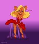  2022 anthro big_breasts blonde_hair blue_eyes breasts chip_&#039;n_dale_rescue_rangers clothed clothing crossover digital_media_(artwork) disney dress female fur gadget_hackwrench hair hi_res looking_pleasured mammal marilyn_monroe murid murine red_clothing rodent smile solo vylfgor wind 