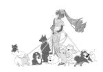 1girl ahoge dog drawing fang fate/grand_order fate_(series) flower greyscale hair_flower hair_ornament japanese_clothes k500yen kimono kyokutei_bakin_(fate) leash long_hair monochrome paintbrush ponytail pulling tokitarou_(fate) too_many_dogs 
