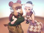  2girls animal_ears asymmetrical_docking backpack bactrian_camel_(kemono_friends) bag bangs blurry blurry_background breast_press breasts brown_eyes brown_hair bun_cover camel_ears camel_tail day desert double_bun dress dromedary_(kemono_friends) extra_ears green_shirt grey_hair hair_bun hand_up hands_up highres horizontal_pupils huge_breasts jewelry jitome kemono_friends large_breasts leaning_forward long_hair looking_at_viewer mo23 multiple_girls official_alternate_costume open_mouth outdoors outstretched_arm pendant print_dress print_skirt sand shirt short_dress short_hair short_sleeves sidelocks single_hair_bun skirt smile tail tan 