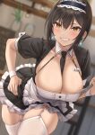  1girl absurdres bangs between_breasts black_hair black_nails black_necktie blurry blurry_background breasts cleavage collarbone earrings garter_straps grin hair_ornament hairband highres jewelry large_breasts looking_at_viewer medium_hair mole mole_on_breast momo_no_sukebe nail_polish necktie original parted_lips short_sleeves skindentation smile thighhighs thighs white_legwear yellow_eyes 