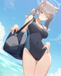  1girl animal_ear_fluff animal_ears bag bangs bare_arms bare_shoulders blue_archive blue_eyes blue_sky blue_swimsuit blush breasts covered_navel cowboy_shot day earrings extra_ears grey_hair hair_ornament hair_tie jewelry kildir looking_at_viewer medium_breasts medium_hair ocean one-piece_swimsuit shiroko_(blue_archive) shiroko_(swimsuit)_(blue_archive) shoulder_bag sky solo standing swimsuit thigh_gap twintails x_hair_ornament 