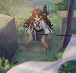  1girl 1other absurdres ambiguous_gender arknights blue_eyes cropped_shirt cube day doctor_(arknights) flag full_body grey_skirt grey_socks highres holding holding_flag hua_ming_wink jacket long_hair long_sleeves midriff myrtle_(arknights) open_clothes open_jacket outdoors plant pointy_ears red_hair shirt shoes skirt standing v-shaped_eyebrows white_flag white_jacket white_legwear white_shirt 