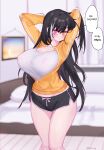  1girl arms_behind_head black_hair black_shorts blurry blurry_background blush breasts closed_mouth covered_nipples eonsang girls&#039;_frontline hair_between_eyes heterochromia highres indoors jacket korean_text large_breasts long_hair looking_at_viewer multicolored_hair partially_unzipped red_eyes ro635_(girls&#039;_frontline) shirt short_shorts shorts solo speech_bubble streaked_hair translation_request white_hair white_shirt yellow_eyes yellow_jacket 