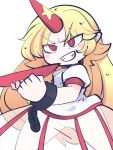  1girl blonde_hair blush_stickers chain clenched_hand cuffs cup fried_rice0614 grin highres holding holding_cup horns hoshiguma_yuugi long_hair one-hour_drawing_challenge puffy_short_sleeves puffy_sleeves red_eyes red_horns sakazuki see-through see-through_skirt shackles shirt short_sleeves simple_background single_horn skirt smile solo touhou white_background white_shirt 