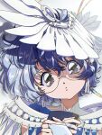  1girl bangs blue_hair bridal_gauntlets coin_(ornament) earrings glasses grey_eyes hands_up head_tilt highres holding hrn_yc jewelry looking_at_viewer original own_hands_together portrait round_eyewear short_hair simple_background solo tassel white_background wing_hair_ornament 