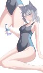  1girl :o absurdres animal_ears bangs black_swimsuit blue_archive blue_eyes bottle breasts collarbone competition_swimsuit covered_navel grey_hair highres holding holding_bottle legs looking_at_viewer medium_breasts multiple_views nannann one-piece_swimsuit shiroko_(blue_archive) shiroko_(swimsuit)_(blue_archive) short_hair simple_background sitting swimsuit thighs water_bottle white_background 