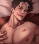  1boy armpit_hair artist_name bara batman_(series) black_hair blue_eyes brown_jacket dc_comics highres jacket jacket_removed jason_todd large_pectorals lipstick_mark lying male_focus mitsu_qo multicolored_hair muscular muscular_male nipples on_back parted_lips pectorals short_hair solo topless_male two-tone_hair upper_body white_hair 