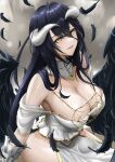  1girl albedo_(overlord) black_feathers black_hair breasts cleavage collar demon_girl demon_horns demon_wings detached_collar dress feathered_wings feathers gloves hair_over_shoulder highres hip_vent horns large_breasts lipstick long_hair looking_at_viewer low_wings mait makeup off-shoulder_dress off_shoulder overlord_(maruyama) parted_lips shiny shiny_skin slit_pupils solo very_long_hair white_dress white_gloves wings yellow_eyes 
