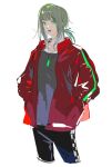  1other ambiguous_gender checkered checkered_clothes collarbone green_eyes green_hair grey_background grey_pupils hands_in_pockets highres jacket jewelry long_hair necklace nykim0915 open_clothes open_jacket open_mouth original ponytail red_jacket simple_background sketch solo 