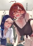  1boy 2girls 92m angry bare_shoulders blue_eyes blue_hair breasts cleavage glasses highres large_breasts looking_at_viewer medium_hair multiple_girls open_mouth original pov red_eyes red_hair shirt short_hair shorts skirt sweat tank_top translation_request 