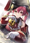  1girl ascot bangs breasts cup dokuro-kun_(houshou_marine) gloves hair_between_eyes hair_ribbon hat heterochromia highres holding holding_cup hololive houshou_marine large_breasts long_hair long_sleeves looking_at_viewer map off_shoulder pirate_hat red_ascot red_eyes red_hair ribbon solo tsurupy twintails upper_body virtual_youtuber white_gloves yellow_eyes 