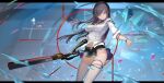 1girl absurdres bangs black_gloves black_hair bracelet breasts earrings elbow_gloves gloves green_eyes highres impossible_clothes jewelry long_hair looking_at_viewer medium_breasts single_elbow_glove skirt solo sword thighhighs tower_of_fantasy wangchuan_de_quanyan weapon white_legwear 