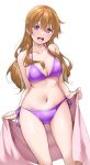  1girl :d bangs bikini blush breasts brown_hair cleavage collarbone dot_nose highres holding holding_towel konoe_kanata large_breasts long_hair looking_at_viewer love_live! love_live!_nijigasaki_high_school_idol_club navel open_mouth purple_bikini purple_eyes side-tie_bikini simple_background smile solo stomach swimsuit teeth thighs towel upper_teeth wavy_hair white_background yopparai_oni 