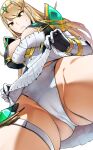  1girl armor ass bakkanki bangs black_gloves blonde_hair breasts cleavage cleavage_cutout clothes_lift clothing_cutout dress dress_lift elbow_gloves from_below frown gloves highres large_breasts lifted_by_self long_hair looking_at_viewer looking_down mythra_(xenoblade) panties short_dress shoulder_armor solo swept_bangs thigh_strap two-tone_gloves underwear white_background white_dress white_gloves white_panties xenoblade_chronicles_(series) xenoblade_chronicles_2 yellow_eyes 