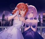  2girls ahoge bangs bare_shoulders blush breasts cityscape detached_collar dress elbow_gloves fate/grand_order fate_(series) fujimaru_ritsuka_(female) gloves hair_over_one_eye half_gloves highres large_breasts light_purple_hair looking_at_viewer mash_kyrielight mash_kyrielight_(chaldea_dinnertime) medium_breasts multiple_girls night night_sky one_eye_closed one_side_up open_mouth orange_eyes orange_hair purple_dress purple_eyes purple_gloves short_hair sky smile v white_dress white_gloves zhi_(yammycheese) 