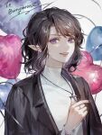  1other absurdres androgynous balloon bangs black_jacket brown_hair copyright_request hand_up highres jacket jewelry looking_at_viewer medium_hair open_clothes open_jacket open_mouth pointy_ears purple_eyes ring shirt solo upper_body white_shirt xi_liu 