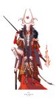  1other absurdres androgynous animal_skull armor bracer braid clothing_request colored_skin english_commentary english_text goat_legs highres holding holding_torch leg_up long_hair nez_(artist) original pentagram red_skin robe simple_background skeleton tail tarot torch twitter_username 