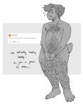  andromorph anthro beard body_hair covering covering_crotch curious_cat ear_piercing english_text facial_hair hi_res intersex kyrosh mastectomy_scar nipples piercing scar solo standing text toshi_(kyrosh) 