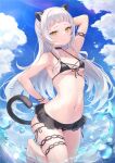  1girl absurdres animal_ears armpits asktyuni bangs bikini blunt_bangs blush breasts cat_ears cat_girl cat_tail frilled_bikini frills grey_hair highres hololive long_hair looking_at_viewer midriff murasaki_shion navel short_eyebrows sidelocks smile solo swimsuit tail thigh_strap virtual_youtuber yellow_eyes 