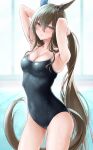  1girl admire_vega_(umamusume) animal_ears arms_up breasts brown_hair competition_swimsuit dripping grey_eyes highres horse_ears horse_girl huziko32 looking_at_viewer medium_breasts one-piece_swimsuit swimsuit thighs umamusume wet 