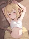  1girl ;o ahoge andira_(granblue_fantasy) animal_ears armpits blonde_hair blush collarbone erune fang flat_chest granblue_fantasy highres kimblee lying monkey_ears monkey_tail navel on_back one_eye_closed short_hair skin_fang solo stomach tail wet yellow_eyes 