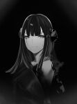  1girl artist_name bangs black_background black_dress black_hair closed_mouth collarbone cracked_skin dated dated_commentary dress girls&#039;_frontline grey_eyes hair_ornament hairclip highres himos light_smile long_hair looking_at_viewer monochrome nyto_(girls&#039;_frontline) paradeus simple_background solo torn_clothes upper_body 