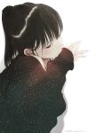  1girl absurdres bangs bare_shoulders black_hair black_sweater blush english_commentary eyelashes from_side hands_up head_tilt highres junito715 long_sleeves looking_away off_shoulder original ponytail shadow signature simple_background sleeves_past_wrists sweater white_background 