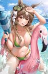  1girl :d animal_ears arm_up bare_arms bare_shoulders bikini breasts brown_hair cleavage collarbone day frilled_bikini frills green_bikini hair_ribbon halter_top halterneck hand_up highres holding horse_ears inflatable_flamingo inflatable_toy large_breasts long_hair looking_at_viewer mole mole_on_breast multicolored_hair navel ocean open_mouth orange_eyes outdoors ribbon riding satono_diamond_(umamusume) skindentation smile solo ssong2 stomach string_bikini swimsuit thighs two-tone_hair umamusume water water_gun wet 