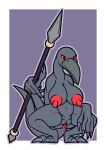  2_toes 4_fingers absurd_res alpha_channel anthro anus areola beak big_areola big_breasts big_nipples breasts butt_from_the_front claws crouching eyelashes feet female fingers genitals grey_body hi_res holding_object holding_spear holding_weapon ikakins long_beak long_claws long_tail melee_weapon monster navel nipples nude pink_anus pink_areola pink_nipples pink_pussy pink_sclera polearm purple_background pussy red_eyes sharp_claws simple_background slogra solo spear thick_thighs toes weapon wide_hips 