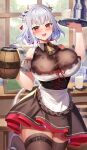  1girl :d absurdres amahara_subaru animal_ears apron bangs bell belt blush braid breasts brown_legwear corset cow_ears cow_horns cowbell cup drinking_glass frilled_apron frills grey_hair highres holding holding_cup holding_tray horns huge_breasts indoors looking_at_viewer milk milk_churn neck_bell original red_eyes shirt shoes short_hair short_sleeves smile solo standing standing_on_one_leg thigh_belt thigh_strap thighhighs tray white_apron white_shirt wooden_cup 