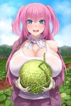 1girl :d absurdres bangs blue_eyes blue_sky breasts cleavage cloud cloudy_sky commentary_request day eyelashes fangs food fruit gloves hair_tie highres holding holding_food huge_breasts korean_commentary ldl_(bcw1025) mature_female open_mouth original outdoors pink_hair see-through shirt short_hair sky smile standing sweat tank_top twintails underwear vegetable watermelon white_gloves white_tank_top 