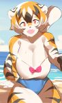  absurd_res anthro arknights beach big_breasts bow_(feature) breasts cleavage clothed clothing digital_media_(artwork) felid female fingers fur hair hi_res huge_breasts hypergryph looking_at_viewer mammal multicolored_body multicolored_fur mx99926 open_mouth open_smile outside pantherine pawpads sand seaside sky smile smiling_at_viewer solo studio_montagne swimwear thick_thighs tiger video_games waaifu_(arknights) water wet white_body white_fur white_hair yellow_eyes 