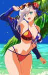  1girl absurdres american_flag_bikini beach bikini blue_eyes blue_jacket blue_ribbon breasts bun_cover cleavage collarbone eyewear_on_head fate/grand_order fate_(series) flag_print grey_hair hair_bun hair_ribbon highres jacket large_breasts looking_at_viewer miyamoto_musashi_(fate) miyamoto_musashi_(swimsuit_berserker)_(fate) miyamoto_musashi_(swimsuit_berserker)_(second_ascension)_(fate) navel ocean off_shoulder open_clothes open_jacket open_mouth outdoors ribbon single_hair_bun single_side_bun smile solo sunglasses swimsuit water xtango 