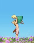  1boy 1girl armor arms_up bangs belt blonde_hair blue_sky clear_sky covered_face day dress field flower flower_field fringe_trim from_side fumetsu_no_anata_e green_dress gugu_(fumetsu_no_anata_e) half_updo happy hetero holding holding_flower honla lifting_person light_particles long_hair mask nature outdoors pants profile purple_flower rean_cropp shoes shorts shoulder_armor sky standing toned toned_male topless_male 