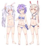  3girls adapted_costume ahoge alternate_costume animal_ears ayanami_(azur_lane) azur_lane bangs bare_shoulders barefoot bikini breasts choker cleavage collarbone commentary_request fake_animal_ears flat_chest full_body green_eyes groin hair_between_eyes hair_ornament hairband hairclip headgear javelin_(azur_lane) javelin_(beach_picnic!)_(azur_lane) laffey_(azur_lane) light_brown_hair long_hair looking_at_viewer multiple_girls navel official_alternate_costume orange_eyes ponytail purple_hair rabbit_ears red_eyes retrofit_(azur_lane) sailor_collar sidelocks silver_bell simple_background small_breasts spaghetti_strap standing stomach swimsuit toes twintails white_background white_bikini white_hair wristband 