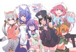  .live 6+girls absurdres animal_ear_fluff animal_ears black_hair blue_hair brown_hair camera fox_ears fox_girl fox_tail gun hanakoto_igusa highres indie_virtual_youtuber irodori_mayoi island_fox_(kemono_friends) kemono_friends kemono_friends_v_project long_hair lowlandgorilla mizugame_mia multicolored_hair multiple_girls necktie open_mouth pink_hair re:act rurun_rururica sakurazuki_kanon salt shirt shrims simple_background skirt smile tail twintails virtual_youtuber weapon white_background youkai_channel 