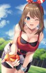  1girl ;d alternate_breast_size amagi_korona bike_shorts bike_shorts_under_shorts blue_eyes blue_sky blush bow breasts brown_hair cleavage cloud collarbone day forest grass hair_bow highres holding large_breasts leaning_forward looking_at_viewer may_(pokemon) medium_hair nature one_eye_closed outdoors pokemon pokemon_(game) pokemon_oras potion_(pokemon) red_bow red_tank_top short_shorts shorts sky smile solo sweat tank_top tree white_shorts wristband 