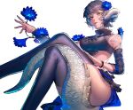  1girl armlet au_ra avatar_(ff14) black_shirt blue_flower blue_skirt blue_thighhighs bracelet crocodilian_tail crop_top crossed_legs detached_sleeves dragon_horns eboda-x expressionless feet_out_of_frame final_fantasy final_fantasy_xiv flower from_side grey_hair hair_flower hair_ornament hand_on_own_thigh highres holding holding_flower horn_ornament horn_ring horns jewelry knees_up looking_at_viewer parted_lips red_lips reptile_girl scales shirt short_hair simple_background sitting skirt solo tail tail_censor thighhighs turtleneck white_background yellow_eyes 