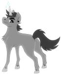  black_eyebrows black_mane black_piercing black_tail butt chest_tuft equid equine eyebrows feral fur grey_body grey_ears grey_fur grey_hooves grey_horn grey_inner_ear hooves horn looking_at_viewer male mammal mane princelykaden side_view smile solo sparkles tuft twisted_horn unicorn 